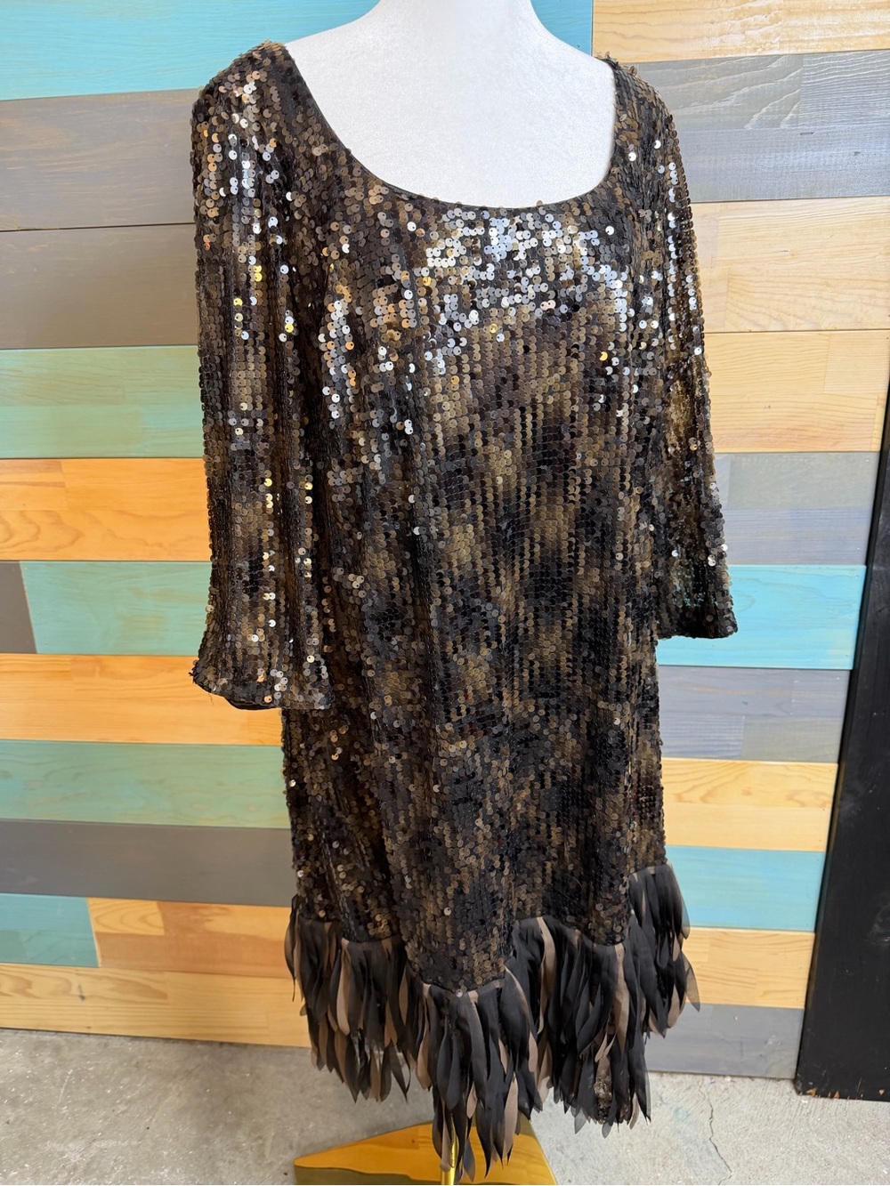Ignite Evenings Flapper Style Dress With Black Brown Sequins Feather Trim